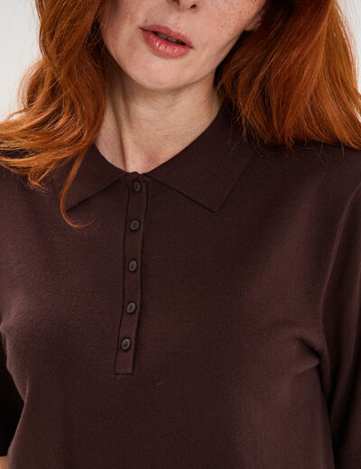 Pull col polo manches courtes marron fonc&eacute; femme