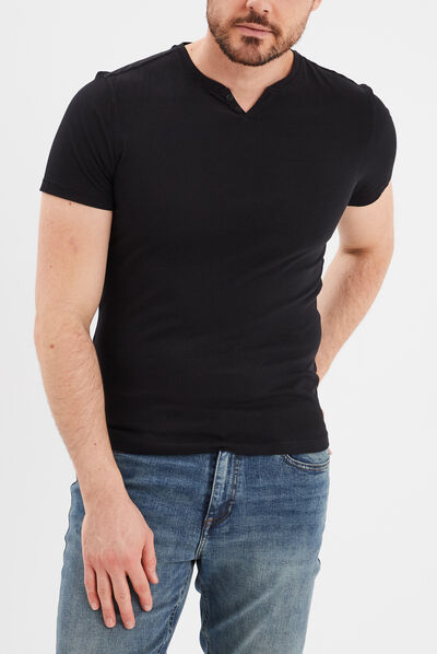 T-shirt manches courtes col tunisien noir homme