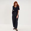 Pull col rond textur&eacute; manches courtes bleu fonc&eacute; femme