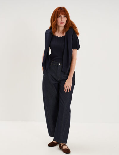 Pull col rond textur&eacute; manches courtes bleu fonc&eacute; femme