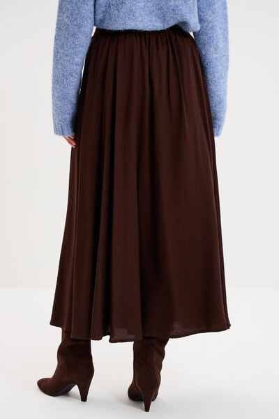 Jupe midi &eacute;vas&eacute;e taille &eacute;lastiqu&eacute;e marron fonc&eacute; femme