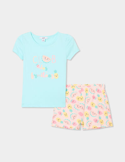 Ensemble pyjama short 2 pièces coton bleu turquoise fille