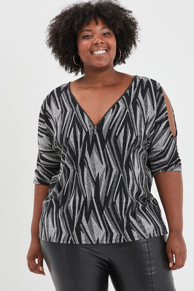T-shirt col V avec ouvertures épaules noir femme grande taille