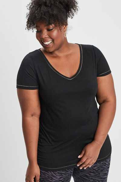 T-shirt manches courtes col V noir femme grande taille