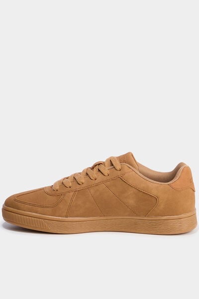 Tennis basses &agrave; lacets effet su&eacute;dine marron clair homme