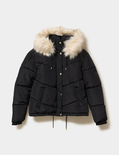 Doudoune doubl&eacute;e capuche fausse fourrure noir femme
