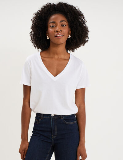 T-shirt manches courtes col en V coton blanc femme