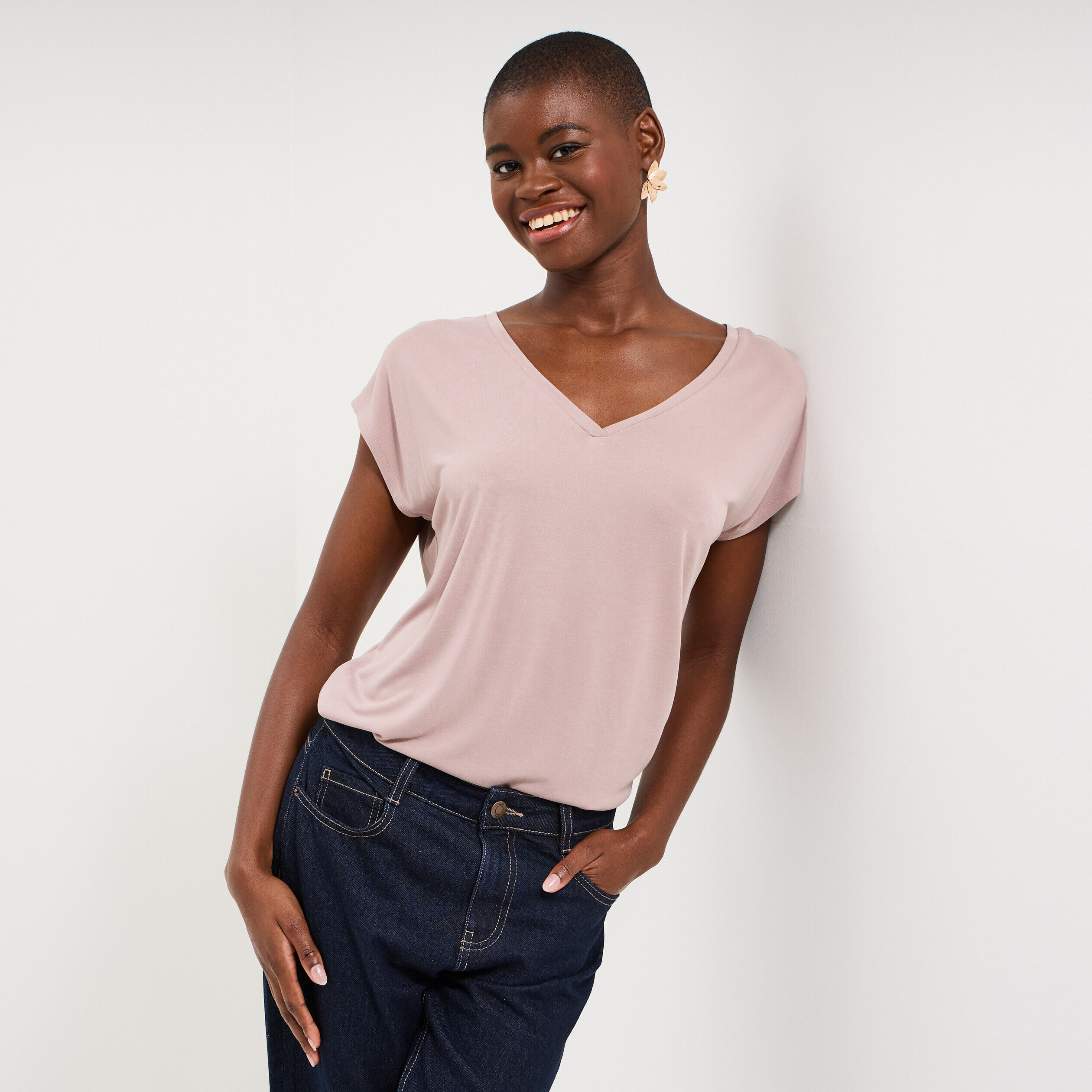T-shirt col en V manches courtes marron clair femme