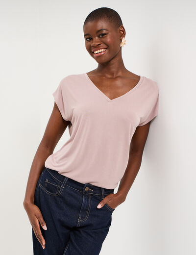 T-shirt col en V manches courtes marron clair femme