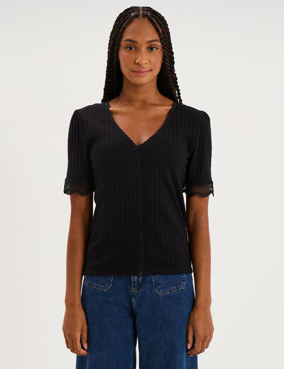 Blouse manches courtes col V dentelle noir femme