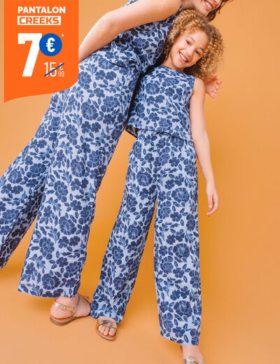 Pantalon fluide large taille élastiquée bleu fille