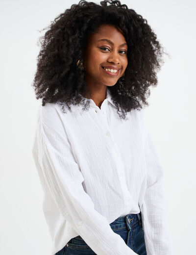 Chemise manches longues en gaze de coton blanc femme