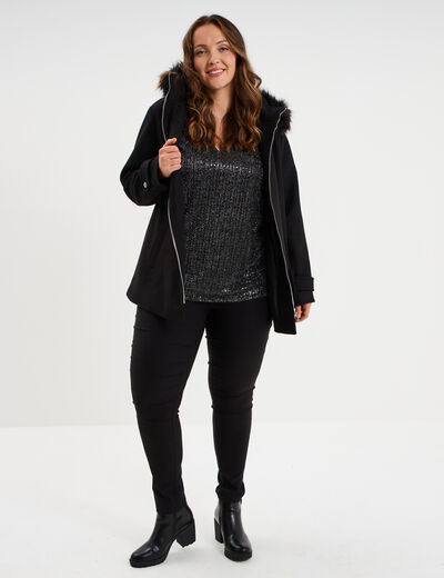 Blouse manches 3/4 pliss&eacute;e paillettes noir femme grande taille