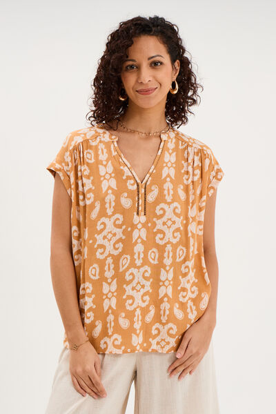 Blouse cr&eacute;pon manches courtes jaune ocre femme