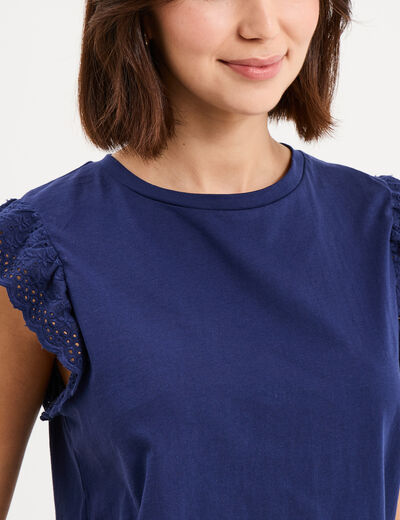 D&eacute;bardeur volants broderie anglaise bleu fonc&eacute; femme