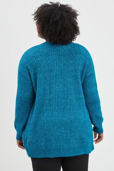 Gilet long côtelé col châle bleu canard femme grande taille