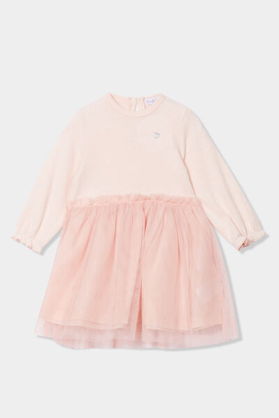Robe bas en tulle manches longues vieux rose bébé fille