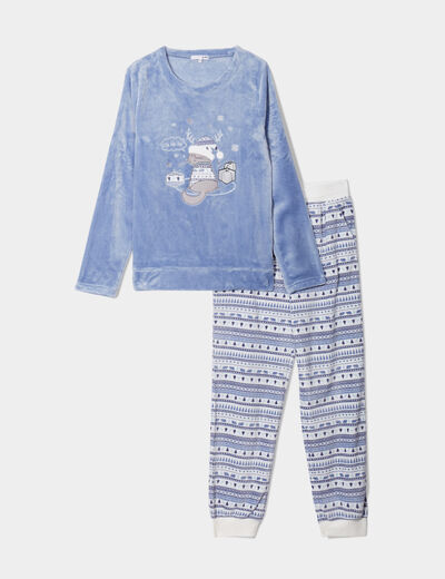 Ensemble pyjama pantalon effet velours bleu clair femme