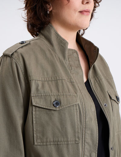 Veste mi-longue ajustée coton vert kaki femme grande taille