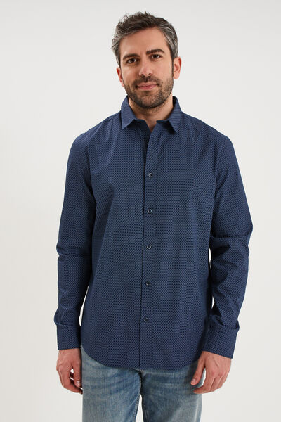 Chemise droite imprim&eacute;e manches longues bleu marine homme