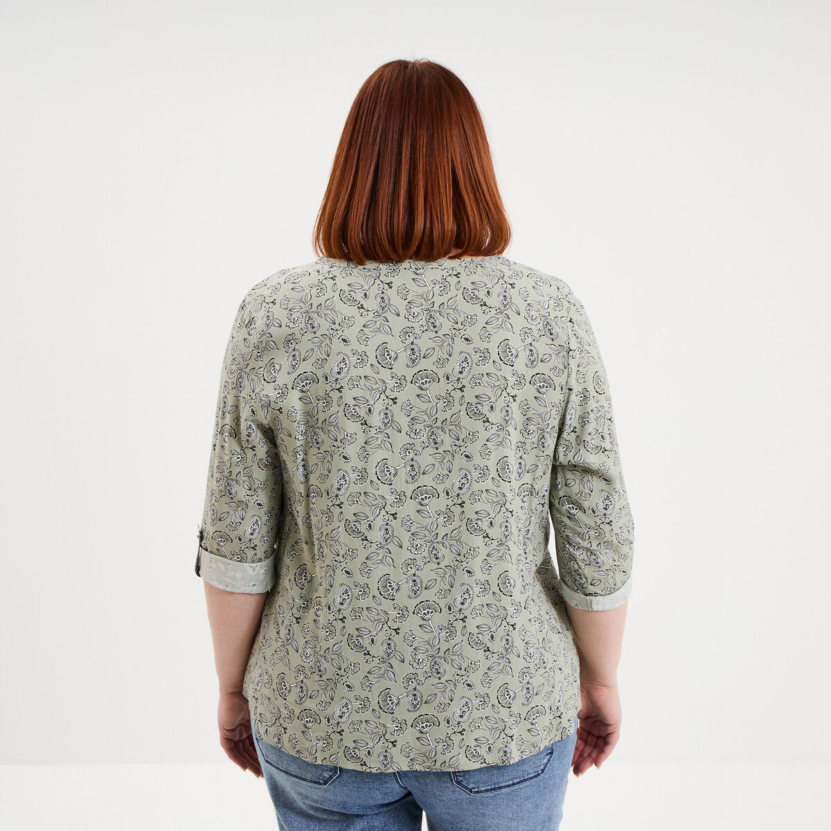 Blouse col tunisien manches 3/4 fluide vert kaki femme grande taille