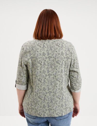 Blouse col tunisien manches 3/4 fluide vert kaki femme grande taille