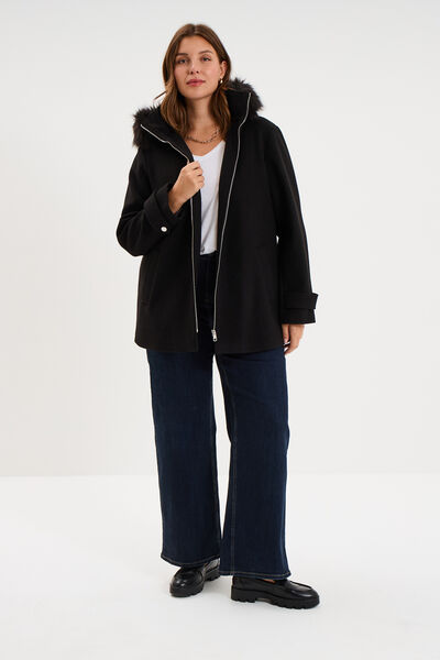Manteau zipp&eacute; capuche fausse fourrure noir femme grande taille