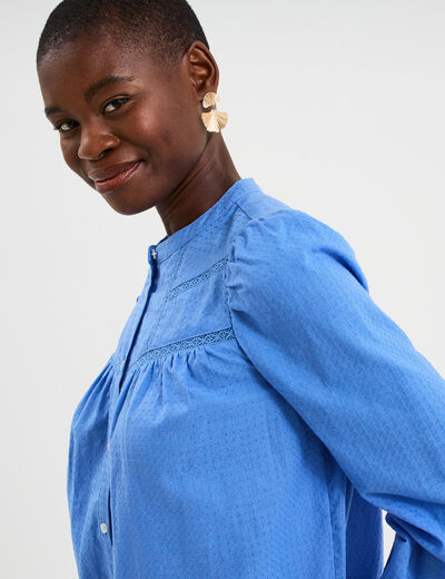 Blouse droite manches longues coton bleu electrique femme