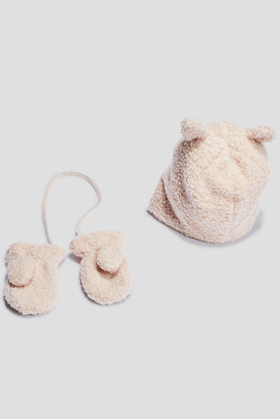 Ensemble bonnet et moufles sable bébé fille