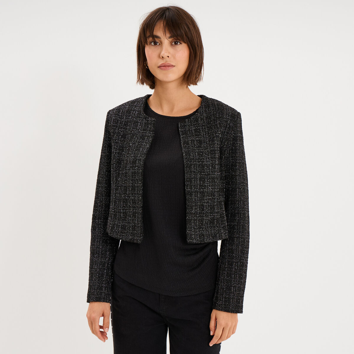 Veste bol&eacute;ro tweed manches longues noir femme