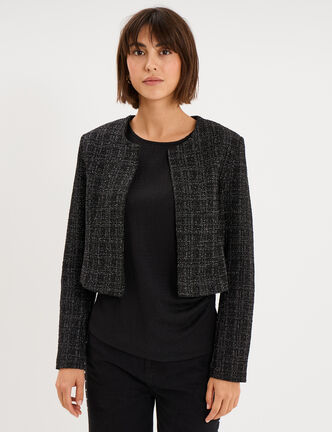 Veste bol&eacute;ro tweed manches longues noir femme