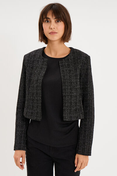 Veste bol&eacute;ro tweed manches longues noir femme