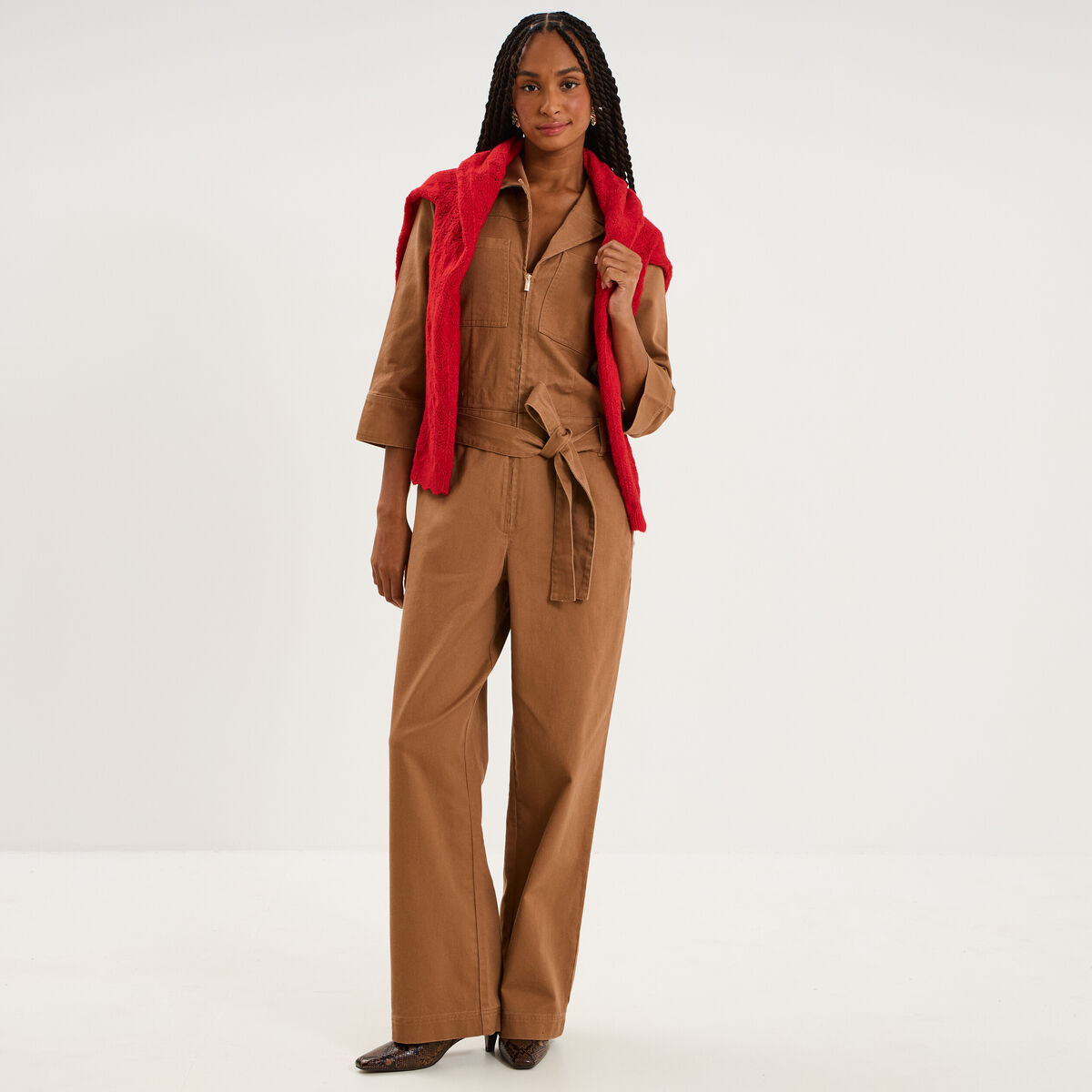 Combinaison pantalon zipp&eacute;e jambe large marron clair femme