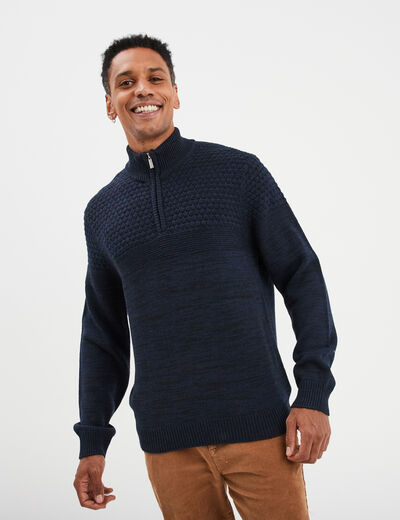 Pull col camionneur zipp&eacute; bleu fonc&eacute; homme
