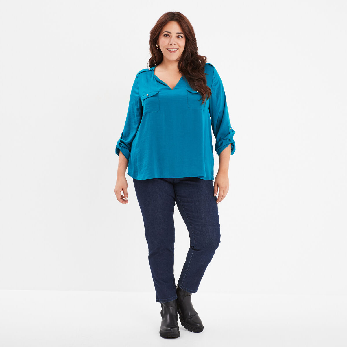 Blouse effet satin col tunisien bleu canard femme grande taille