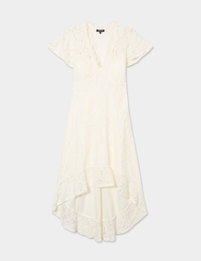 Robe midi col V dentelle et volants blanc femme