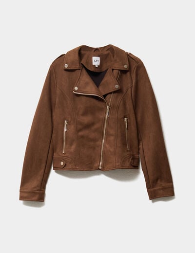 Veste courte esprit biker effet suédine camel femme