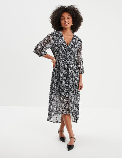 Robe midi col cache-coeur fluide noir femme
