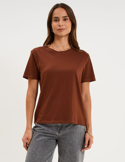 T-shirt col rond manches courtes coton marron fonc&eacute; femme