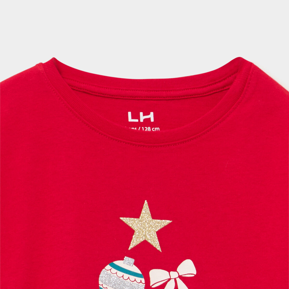 T-shirt &agrave; paillettes No&euml;l col rond coton rouge fille