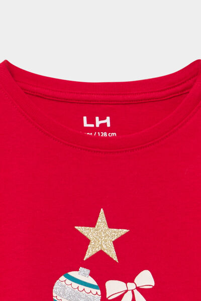 T-shirt &agrave; paillettes No&euml;l col rond coton rouge fille
