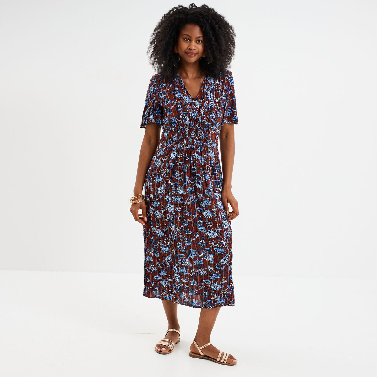 Robe longue empire taille smock&eacute;e marron femme