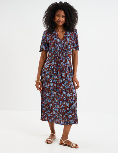 Robe longue empire taille smock&eacute;e marron femme