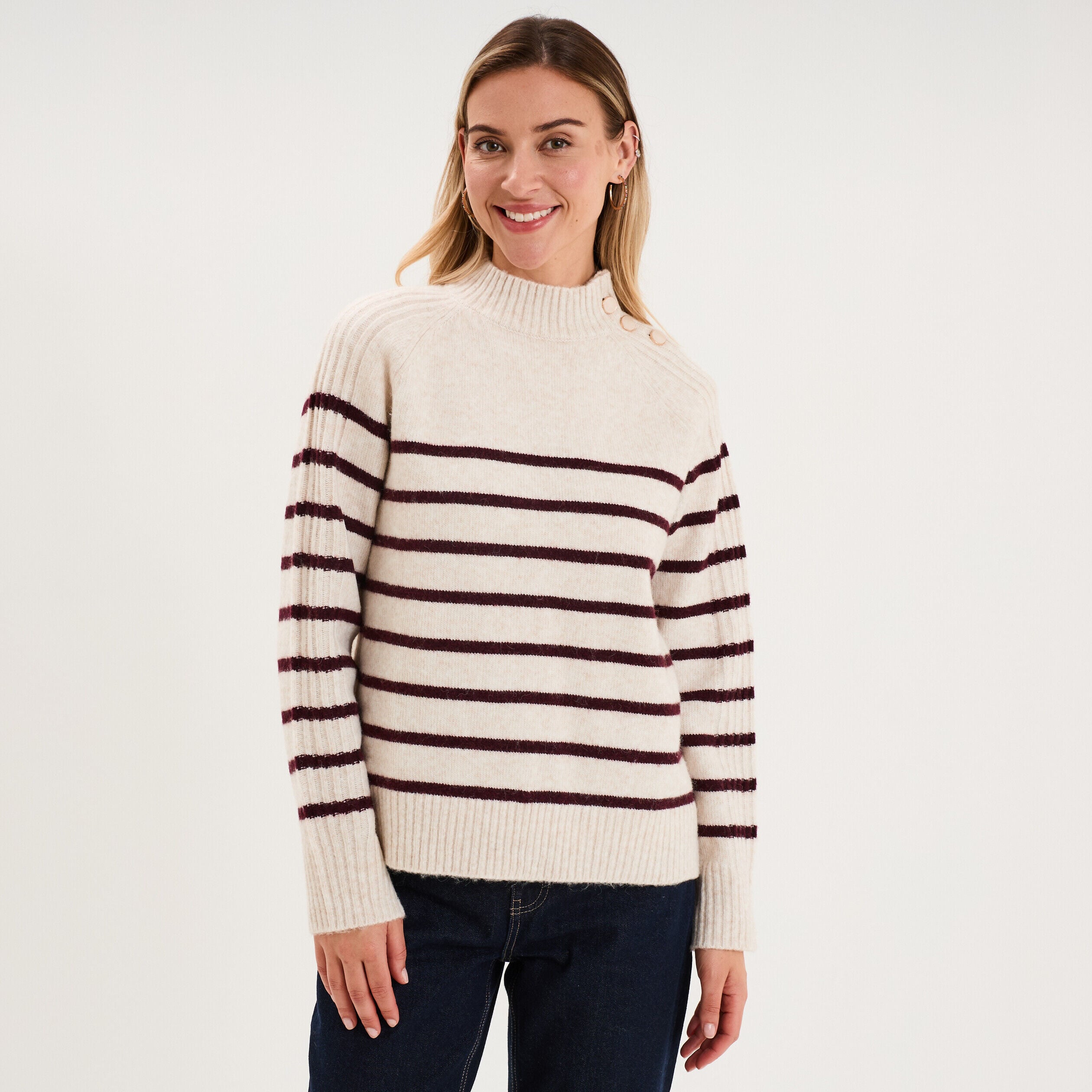 Pull col montant boutonné ecru femme CREEKS