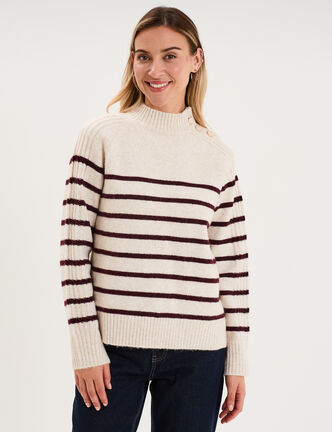 Pull col montant boutonn&eacute; ecru femme