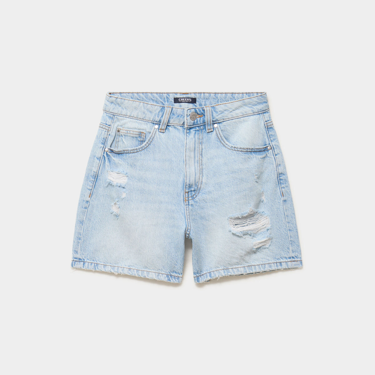 Short en jean d&eacute;chir&eacute; coton denim bleach femme