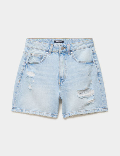 Short en jean d&eacute;chir&eacute; coton denim bleach femme