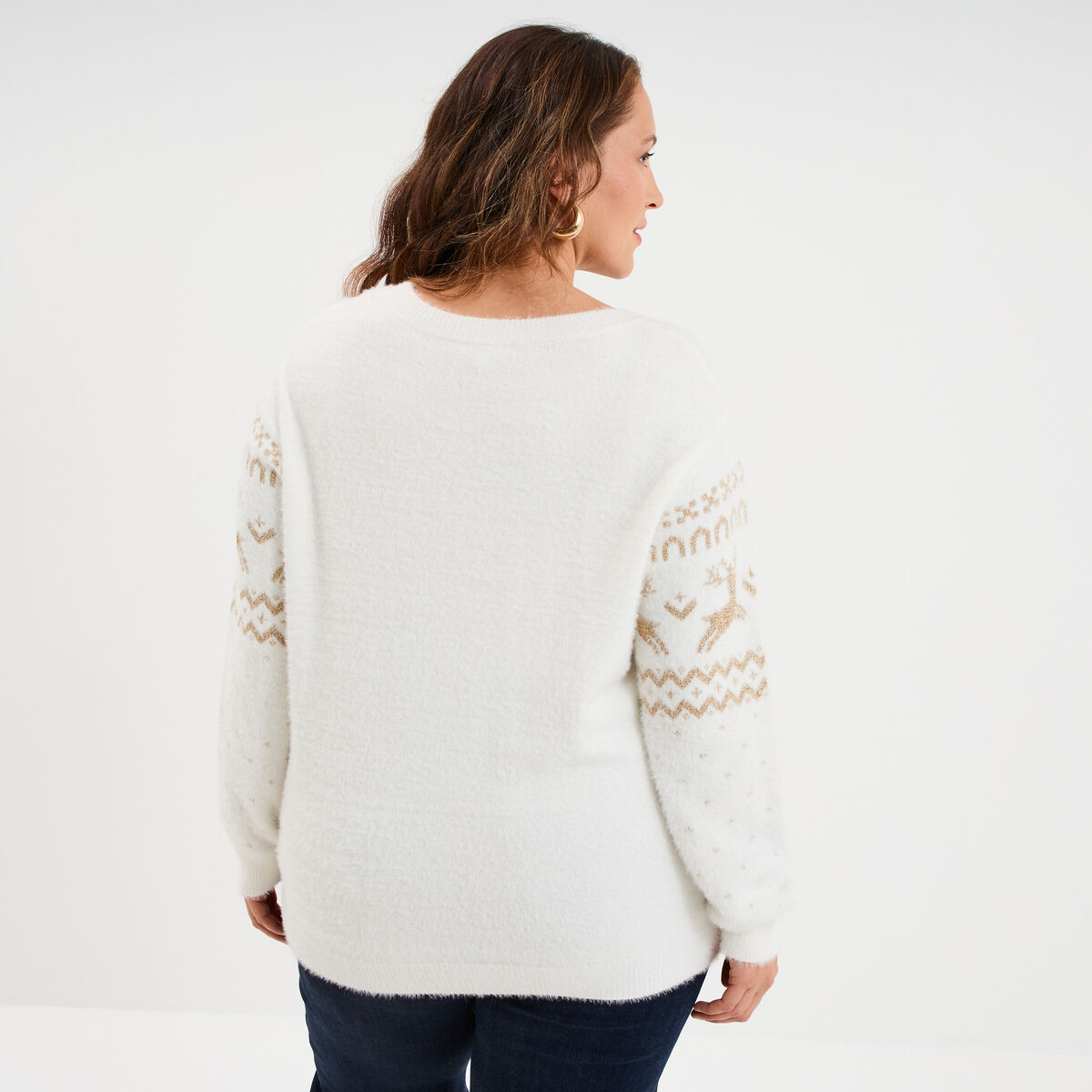 Pull de No&euml;l manches longues ivoire femme grande taille