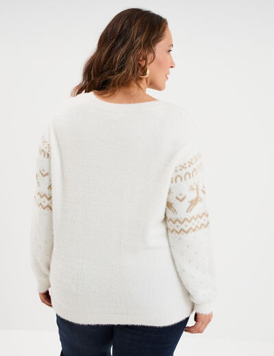 Pull de No&euml;l manches longues ivoire femme grande taille