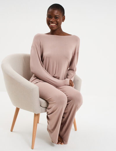 Ensemble pyjama t-shirt et pantalon marron clair femme